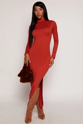 Womens Mock Neck Side Slit Maxi Dress, Orange, Size S