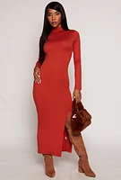 Womens Mock Neck Side Slit Maxi Dress, Orange, Size S