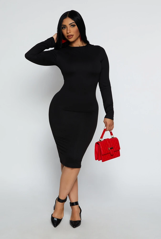 Womens High Neck Long Sleeve Midi Dress,