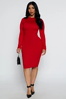 Womens High Neck Long Sleeve Midi Dress, Red, Size M