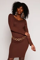 Womens Long Sleeve Scoop Neck Midi Dress, Brown, Size M