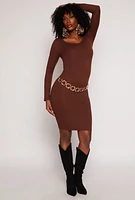 Womens Long Sleeve Scoop Neck Midi Dress, Brown, Size M