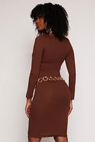 Womens Long Sleeve Scoop Neck Midi Dress, Brown, Size M