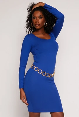 Womens Long Sleeve Scoop Neck Midi Dress, Blue, Size M