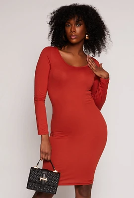 Womens Long Sleeve Scoop Neck Midi Dress, Orange,