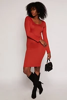 Womens Long Sleeve Scoop Neck Midi Dress, Orange,