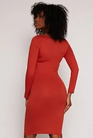 Womens Long Sleeve Scoop Neck Midi Dress, Orange,