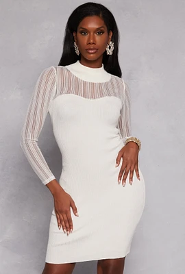 Womens Shadow Stripe Lurex Mesh Mock Neck Midi Dress, White, Size S