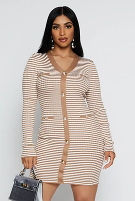 Womens Striped Ribbed Knit Button Detail Dress, Multi, Size S