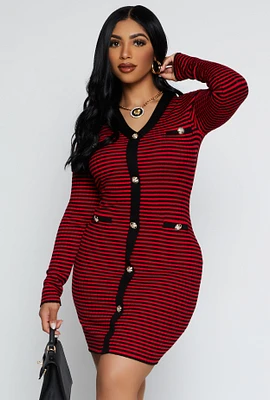 Womens Striped Ribbed Knit Button Detail Dress, Red, Size M