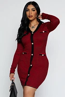 Womens Striped Ribbed Knit Button Detail Dress, Red, Size M