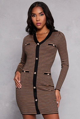 Womens Striped Ribbed Knit Button Detail Dress, L