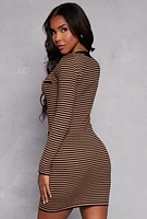 Womens Striped Ribbed Knit Button Detail Dress, L