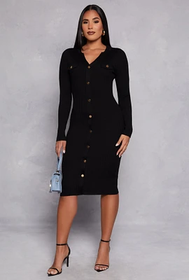 Womens Ribbed Knit Button Detail Sweater Dress,