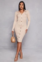 Womens Ribbed Knit Button Detail Sweater Dress,