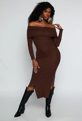 Womens Side Slit Off The Shoulder Maxi Dress, Brown, Size M