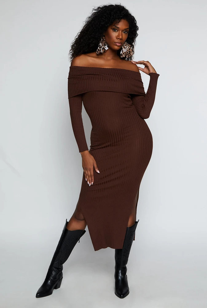 Womens Side Slit Off The Shoulder Maxi Dress, Brown, Size S