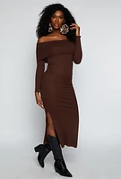 Womens Side Slit Off The Shoulder Maxi Dress, Brown, Size S