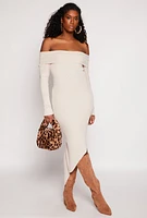 Womens Asymmetrical Off The Shoulder Dress, Beige, Size L