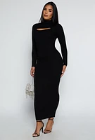 Womens Ribbed Knit Cut Out Long Sleeve Maxi Dress, Black, Size M