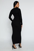 Womens Ribbed Knit Cut Out Long Sleeve Maxi Dress, Black, Size M