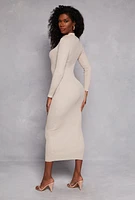 Womens Ribbed Knit Cut Out Long Sleeve Maxi Dress, Beige, Size L