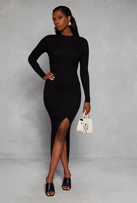 Womens Mock Neck Long Sleeve Side Slit Maxi Dress, Black, Size L