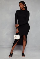 Womens Mock Neck Long Sleeve Side Slit Maxi Dress, Black, Size L