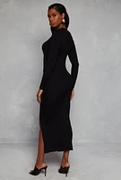 Womens Mock Neck Long Sleeve Side Slit Maxi Dress, Black, Size L