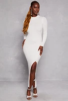 Womens Mock Neck Long Sleeve Side Slit Maxi Dress, White, Size S