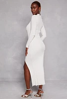 Womens Mock Neck Long Sleeve Side Slit Maxi Dress, White, Size S