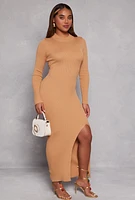 Womens Mock Neck Long Sleeve Side Slit Maxi Dress, Beige, Size M
