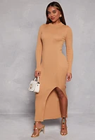 Womens Mock Neck Long Sleeve Side Slit Maxi Dress, Beige, Size M