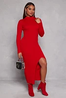 Womens Mock Neck Long Sleeve Side Slit Maxi Dress, Red, Size M