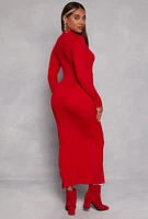 Womens Mock Neck Long Sleeve Side Slit Maxi Dress, Red, Size M