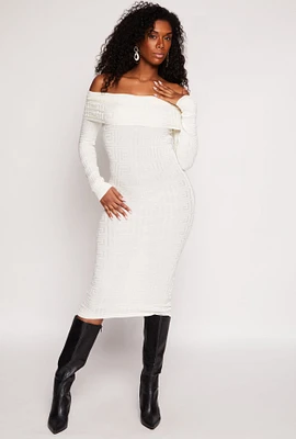 Womens Greek Key Off the Shoulder Dress, White, Size L