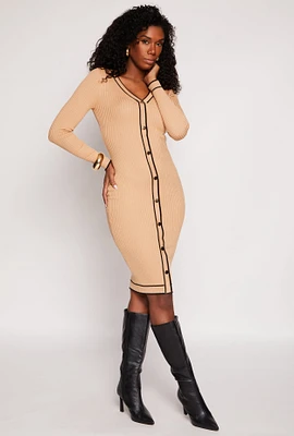 Womens Contrast Trim Button Detail Sweater Dress, Beige, Size S