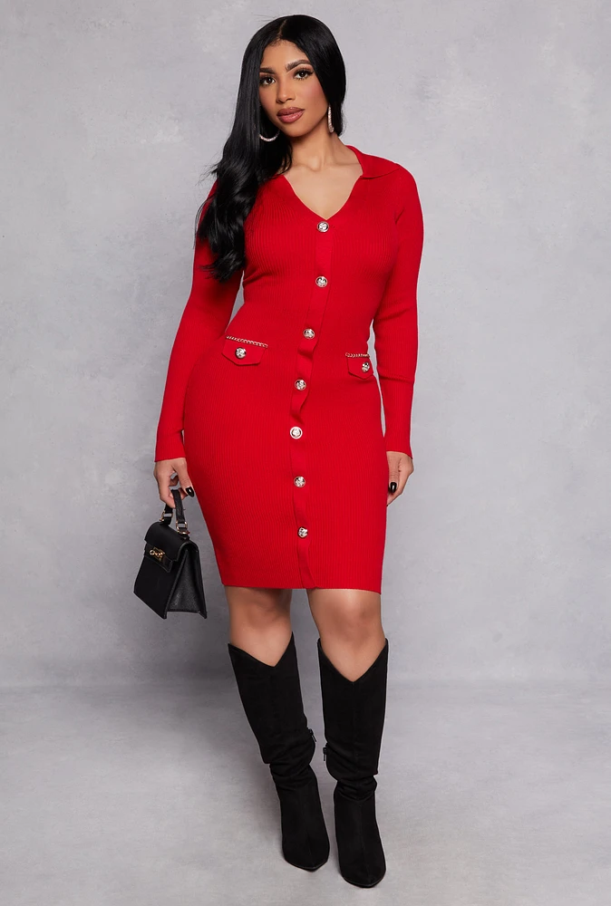 Womens Faux Button Polo Collar Sweater Dress, Red, Size XL