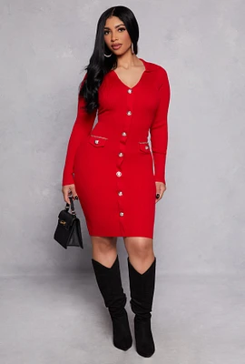 Womens Faux Button Polo Collar Sweater Dress, Red, Size XL