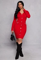 Womens Faux Button Polo Collar Sweater Dress, Red, Size XL