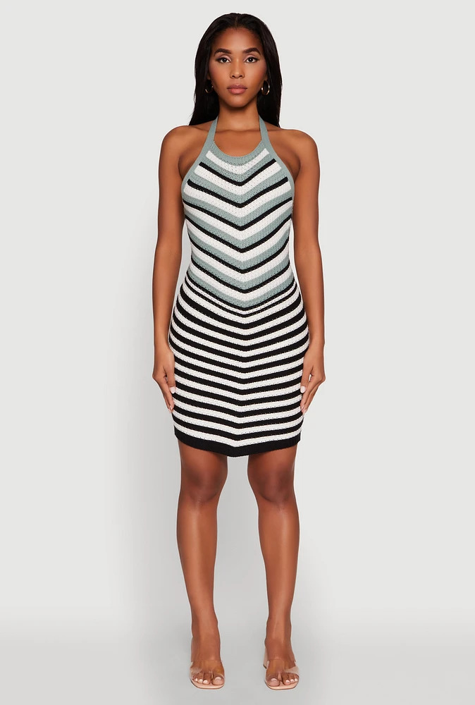 Womens Trendy Crochet Chevron Halter Bodycon Dress,