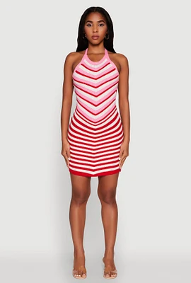 Womens Trendy Crochet Chevron Halter Bodycon Dress, Red, Size L