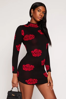 Womens Rose Print Mini Sweater Dress, Black, Size M