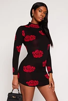 Womens Rose Print Mini Sweater Dress, Black, Size M