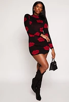 Womens Rose Print Mini Sweater Dress, Black, Size M