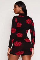 Womens Rose Print Mini Sweater Dress, Black, Size M