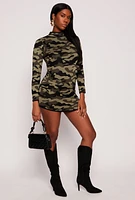 Womens Camo Mini Sweater Dress, Green, Size L