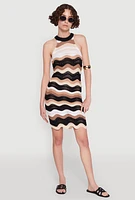 Womens Wavy Stripe Crochet Halter Dress, Multi, Size XL