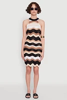 Womens Wavy Stripe Crochet Halter Dress, Multi, Size XL