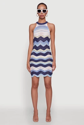 Womens Wavy Stripe Crochet Halter Dress,